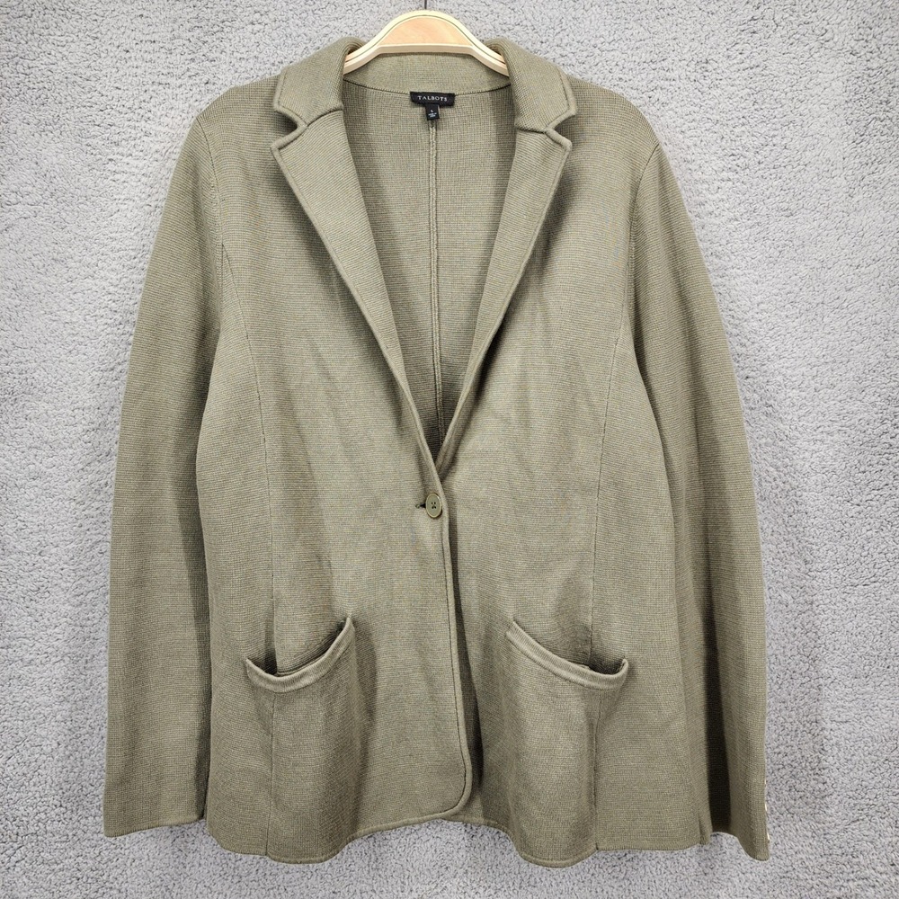 Talbots Womens Large Olive Green Knit Blazer Cotton Rayon Single Button Jacket